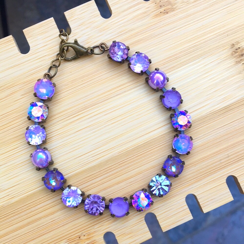 Amethyst, Violet, + iridescent Purple Opal Antique Brass Crystal Tennis Bracelet - Picture 9 of 17